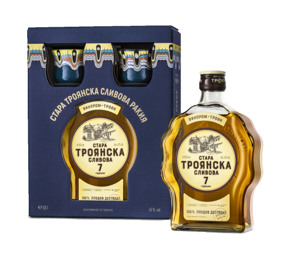 Geschenk 1 Flsasche "TROYANSKA SLIVOVA" 7 J. Fass - mit 2 typischen Trinkgefäßen für den Herkunft